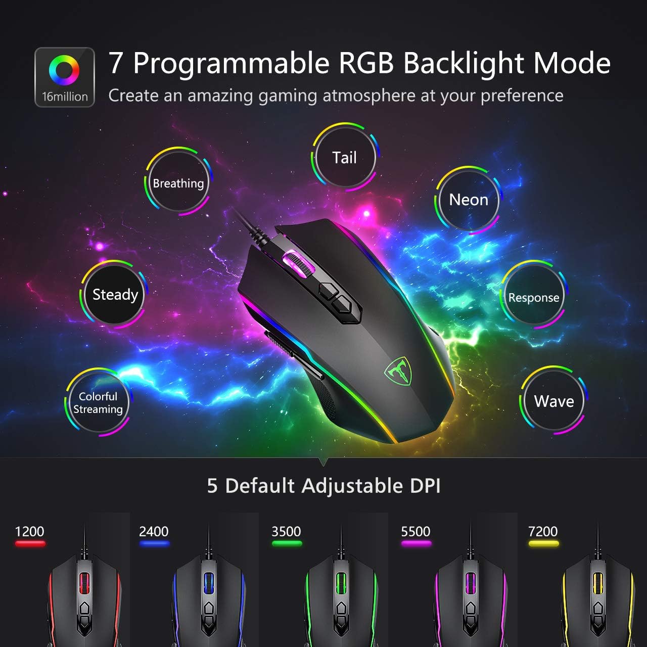 RGB Gaming Mouse Wired, PC Gaming Mice with 8 Programmable Buttons,Chroma RGB Backlit, 7200 DPI Adjustable,Comfortable Grip Ergonomic Optical Computer Gaming Mice with Shutton Button,Black
